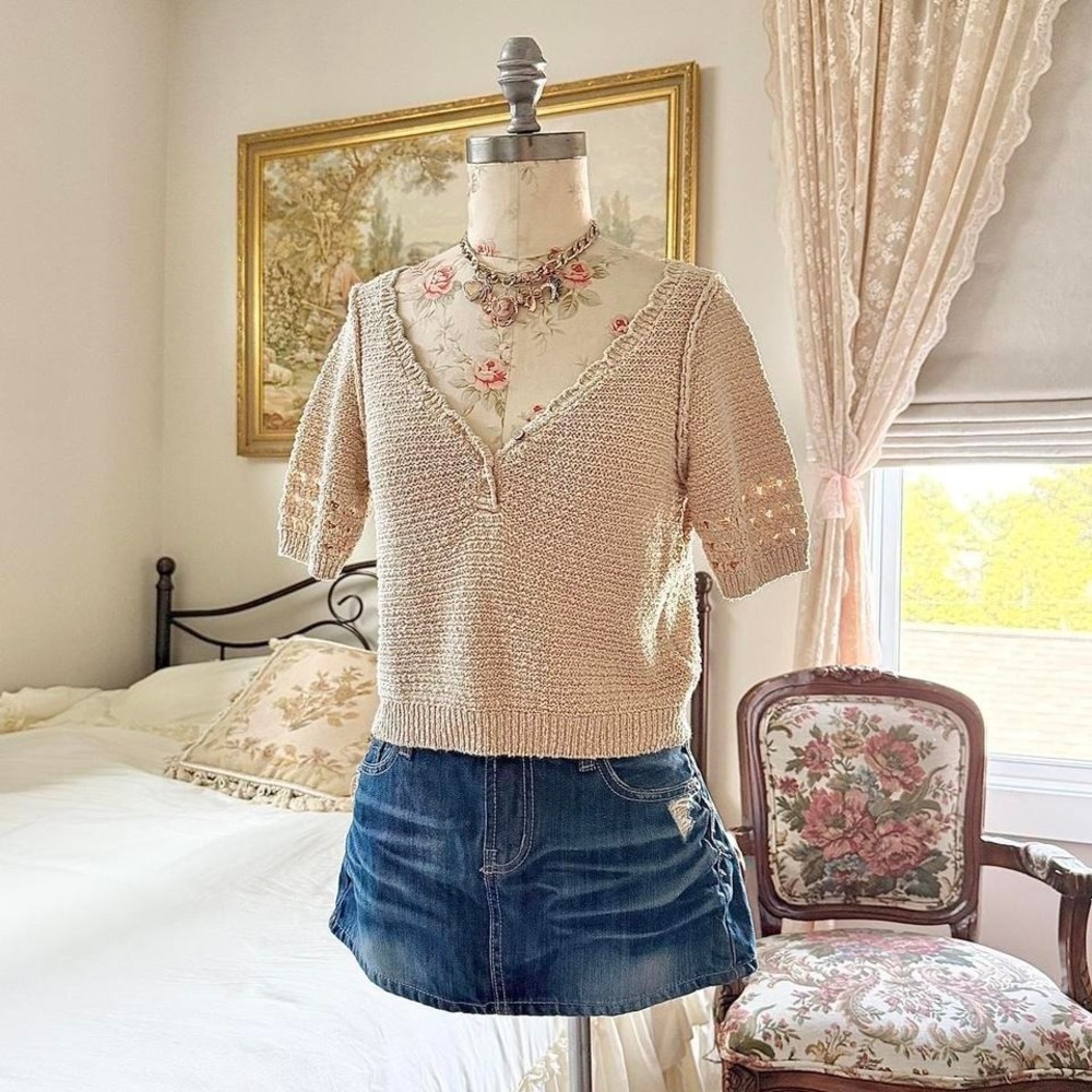 Boho knit top  cream knit Free People size small crochet sweater top‎